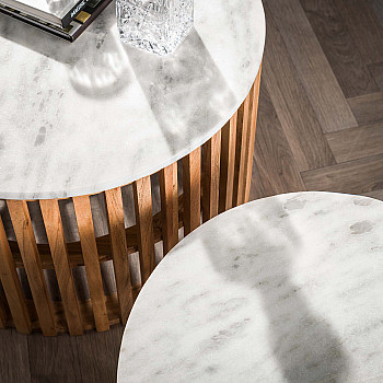 Konferenčný stôl 28-47 Sunset Ø65 a Ø50cm Mramor/Mango drevo